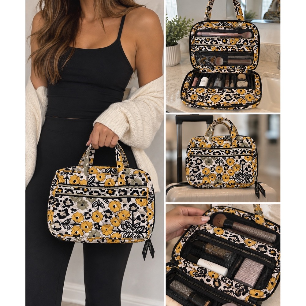 Vera Bradley Quilted Travel Cosmetic Bag Organizer Floral Leopard Yellow Black